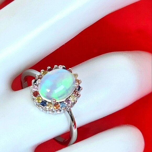 925 Sterling Silver Ring Sz 7 with Natural White Opal 9x7mm & Sapphire Gems - Picture 2 of 7